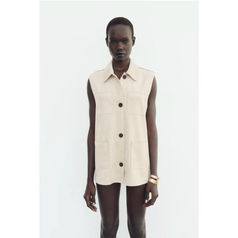 NWT Zara Faux Suede Waist‎ Coat XL Beige Vest Button Up